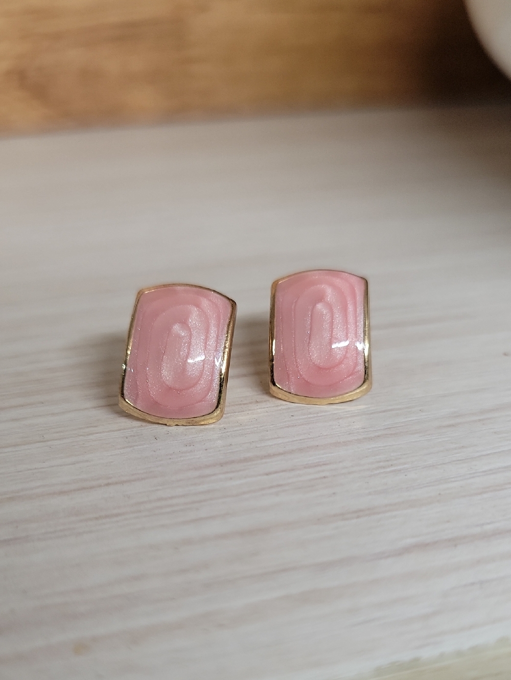 Pink Enamel Gold-Trim Contour Stud Earrings